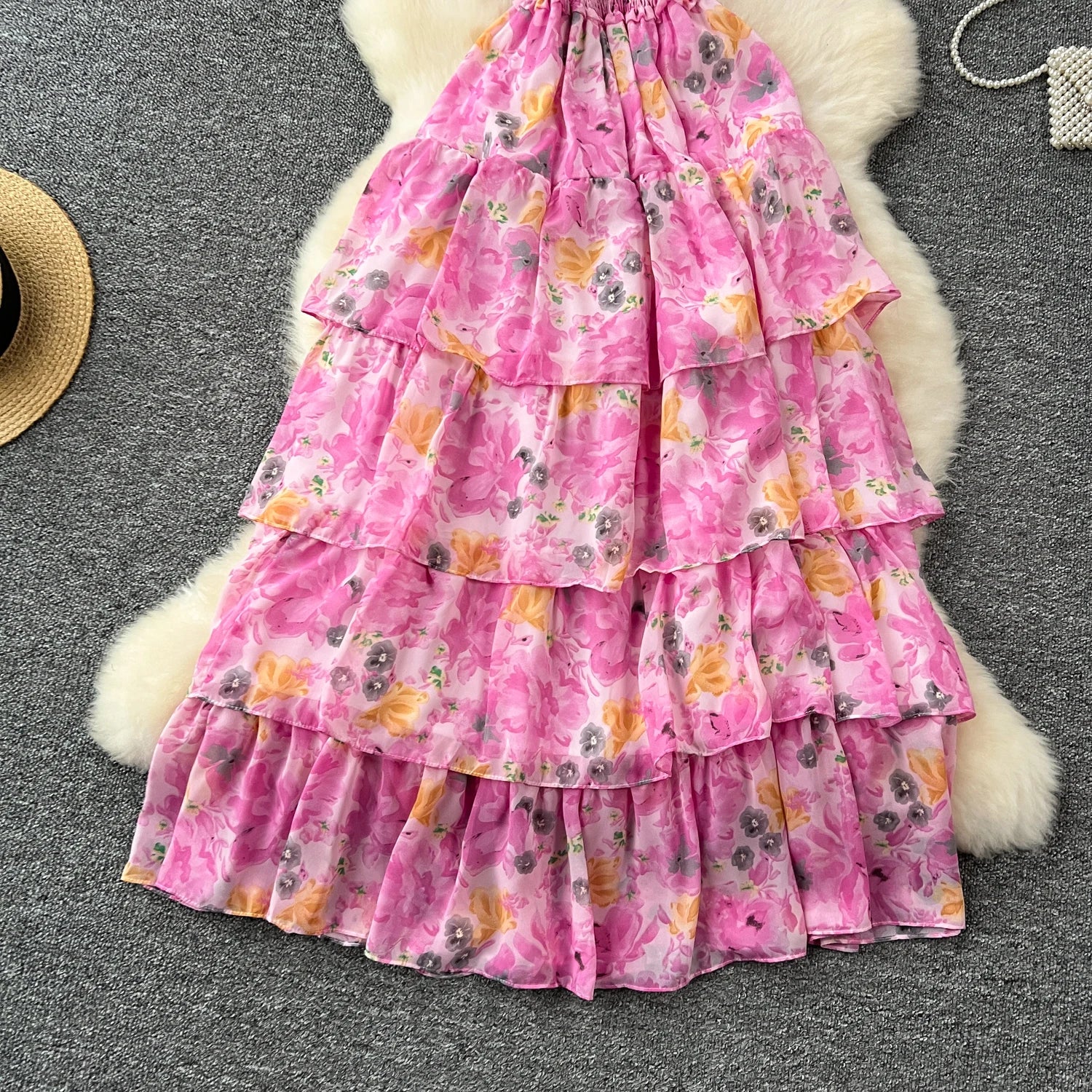 French Vintage Off Shoulder Short Sleeve Ruffle Tiered Long Dresses Chic Casual Beach Vacation Women Summer Chiffon Clothing