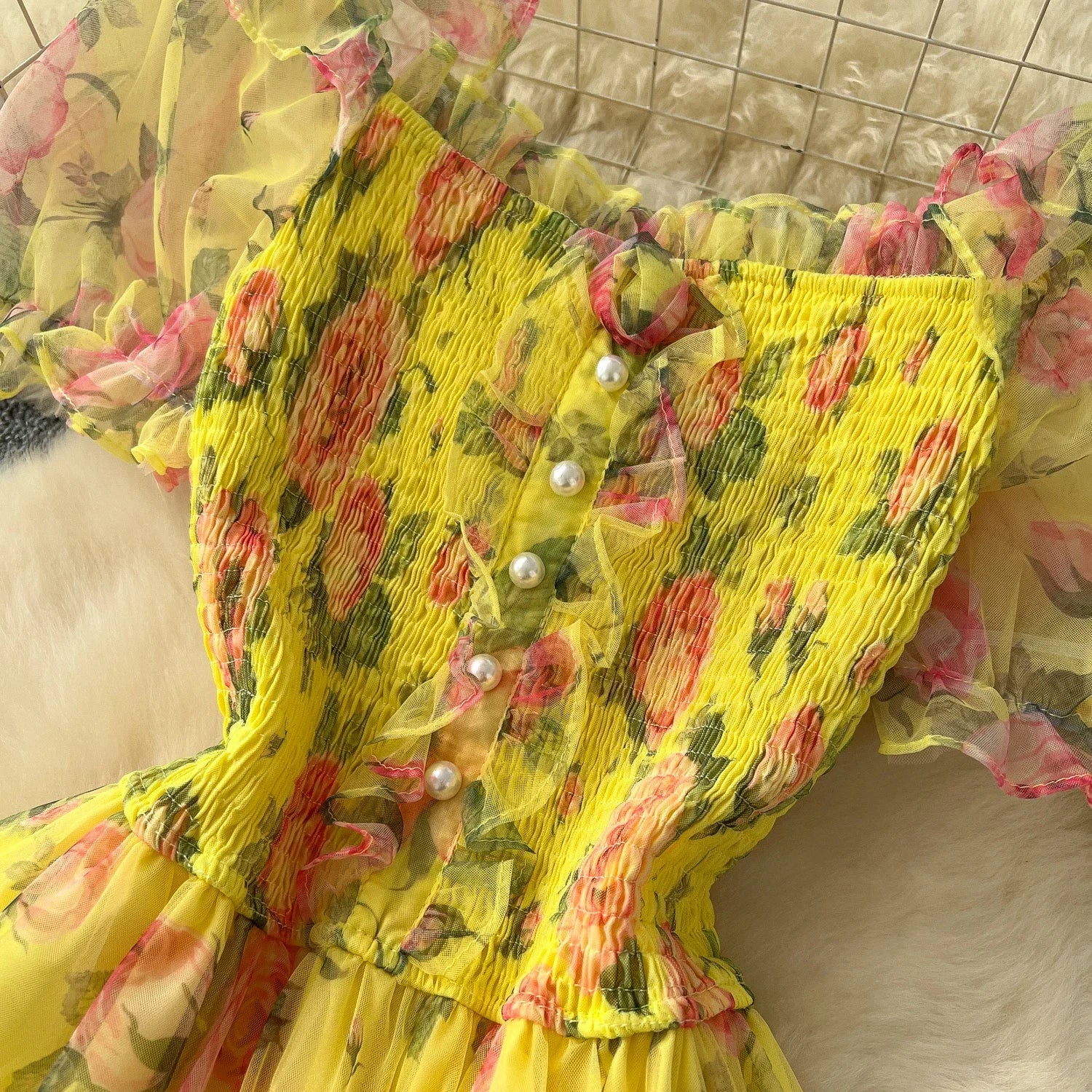 Retro Floral Chiffon Dr Women's Waist Cinched One oulder Bubble Sve Me Skirt Commute Korean Sle High Waist A-Line...