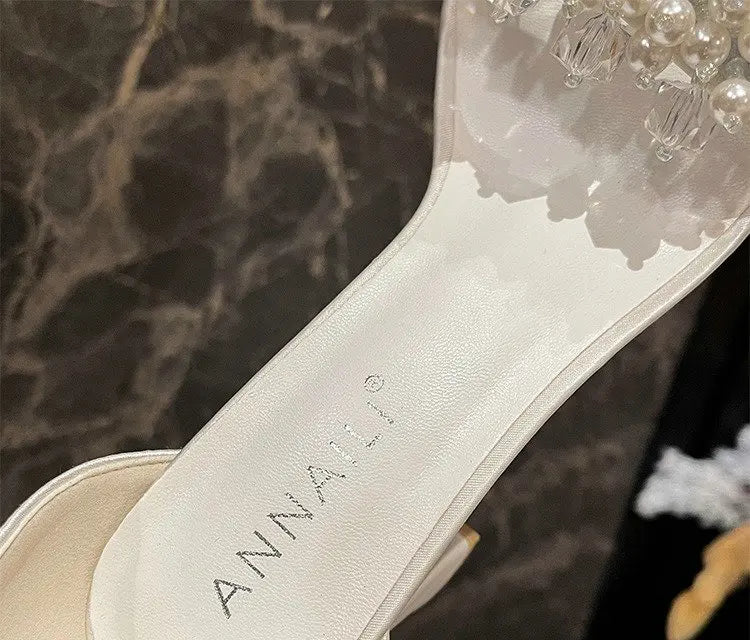 2025 New Style Thick Heel Line With Round Head Large Size Sandals Pearl Buckle High Heel White Bridal Wedding Shoes For Female