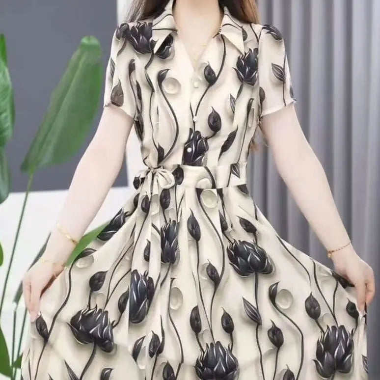 Women's Exquisite Printed Short Sleeved Dress 2024 Summer New Elegant And Beautiful Medium-length Shirt Skirt Mother's Outfit