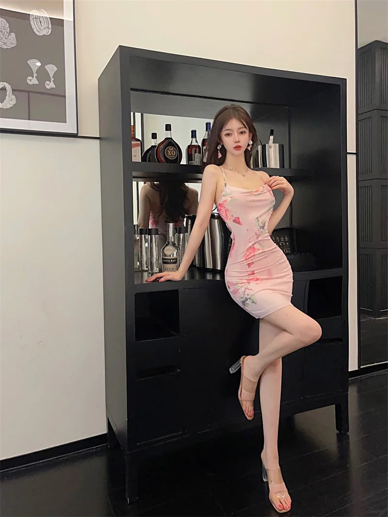 Summer Pink Floral Chic Sling Sexy Club Mini Dress Women Elegant Bodycon Hip Wrap Dress 2025 Korean Fashion Luxury Party Dresses