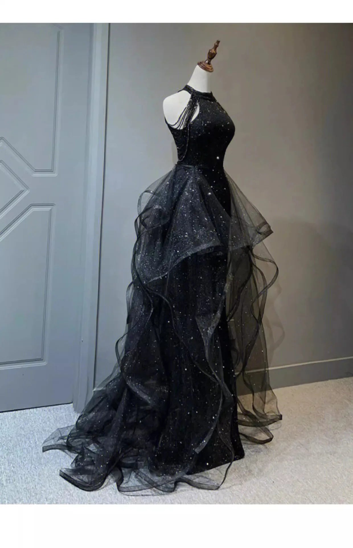 Black Sequined Evening Dress, High-end Light Luxury Hanging Neck Dress, High-end Feeling, Annual Meeting Art Exam for Women
