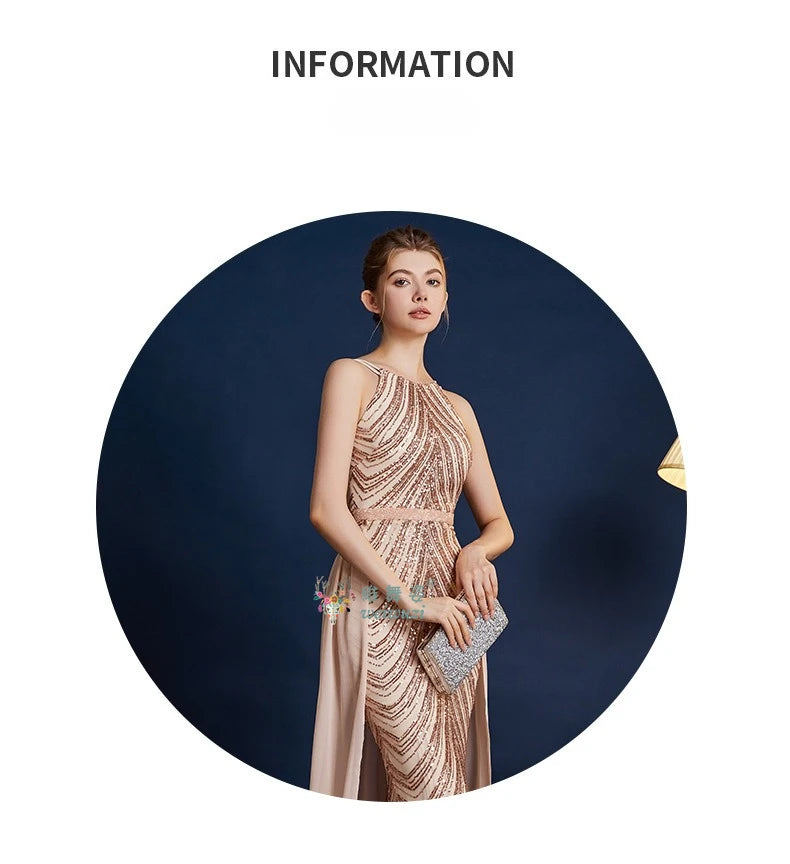 Chic High Sleeveless Sexy Backless Beading Sequined Mermaid Formal Evening Dresses Birthday Party Prom Gowns Elegant Luxury