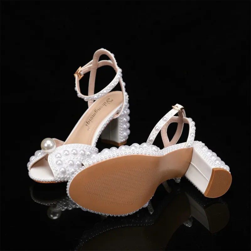 2025 New High Heels Thick Heel Shallow Mouth Women's Pearl Sandals Wedding Shoes Bridesmaid Shoes