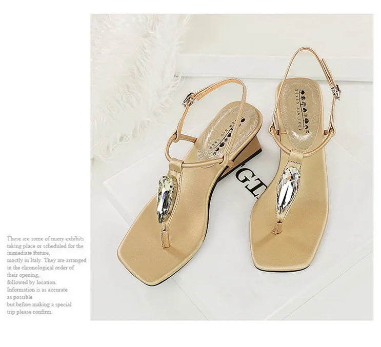 Wedge Heel with Herringbone Sandals Women's Rhinestone Thin Strap Toe Women's High Heels
