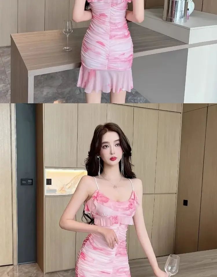 Summer French Pure Sexy Mesh Printed Suspender Dress Waist Pleated Bag