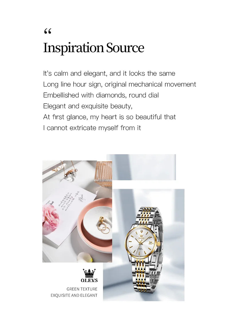 OLEVS 6635 Luxury Brand Ladies Watch Automatic Mechanical Wristwatch Waterproof Stainless Steel Watch For Women Chronograph Date