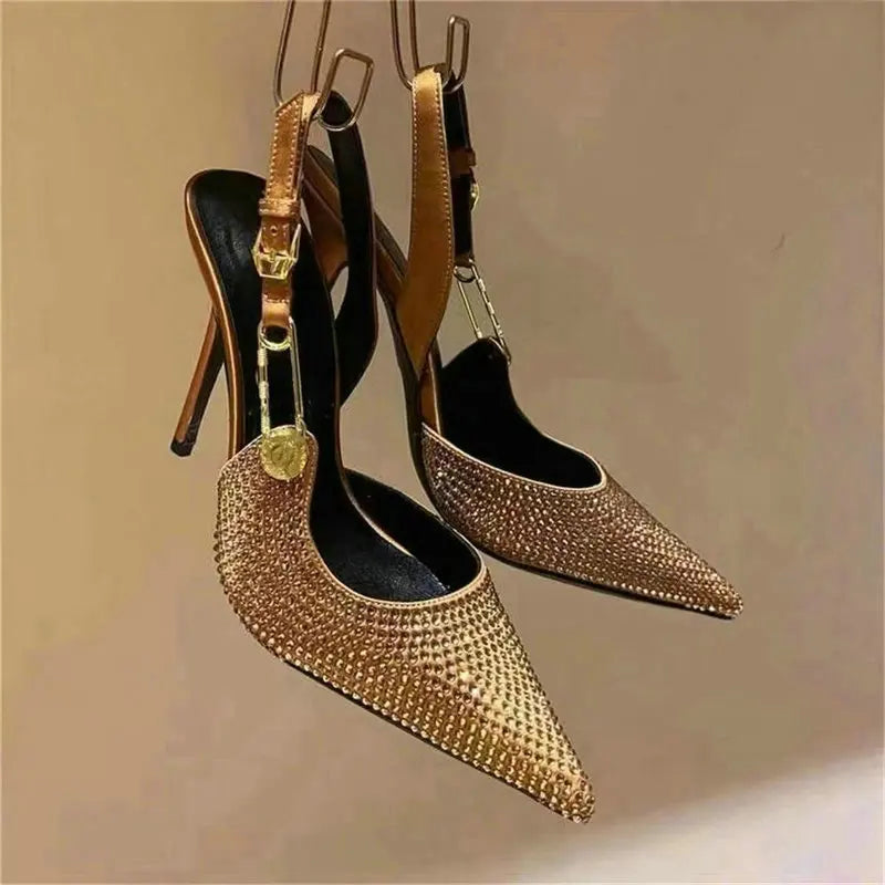 2025 Pointed-Toe Diamond High Heels For Women, Black Tight French Sexy Luxury Hollow Sandals