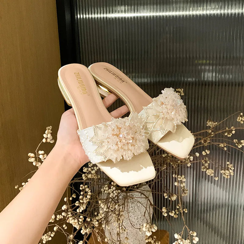 Women's Lightweight Summer Satin Gladiator Sandals and Slippers Beautiful Thick-Heeled Lace and Wedge Design