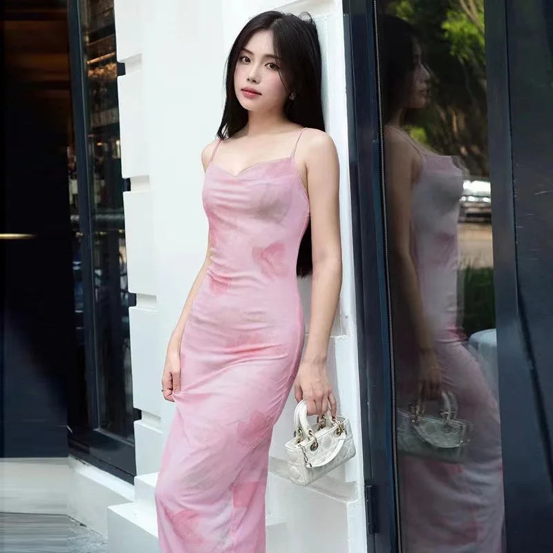 European and American Women's Fashion New Sweet and Spicy Style Off-Shoulder Mesh Printed Long Camisole Dress