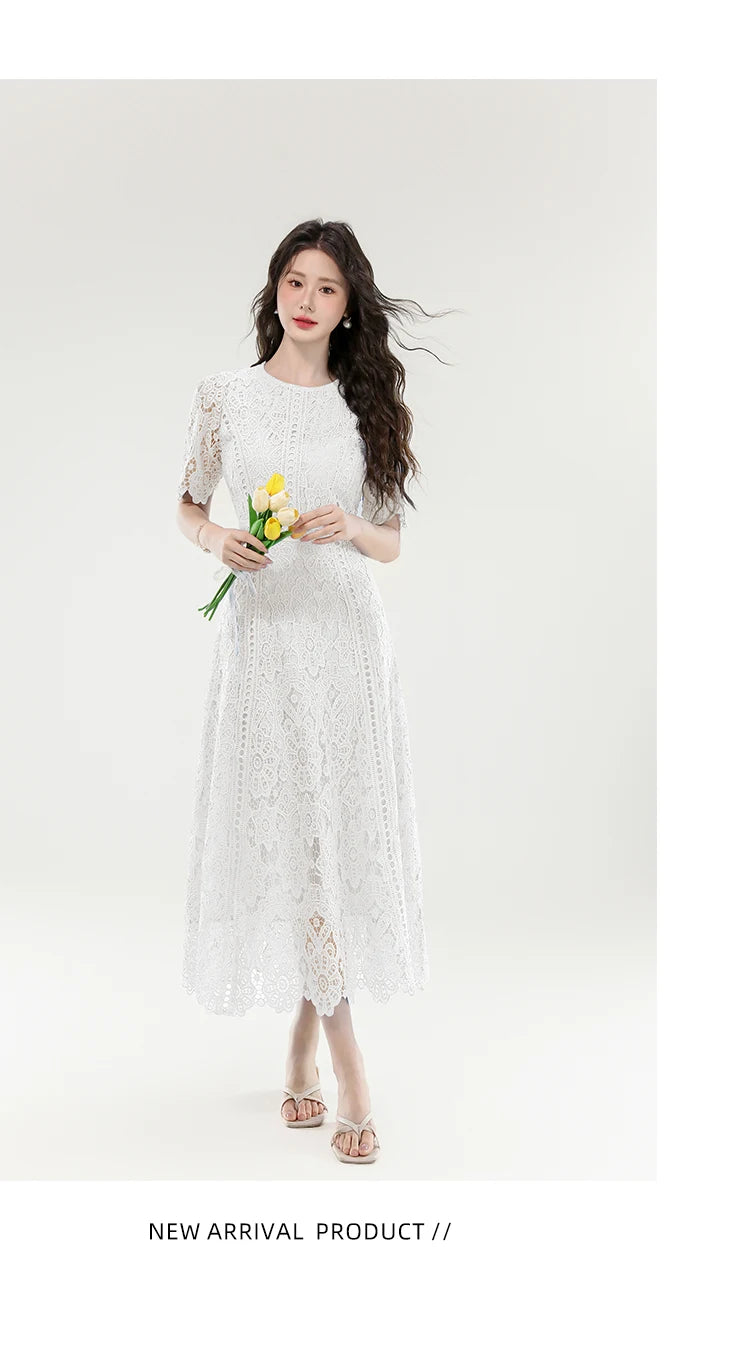 High Quality Lace Hollow Out Women Long Elegant Office Dress Summer French Chic Casual Vintage Purple Short Sleeve A-line Dress