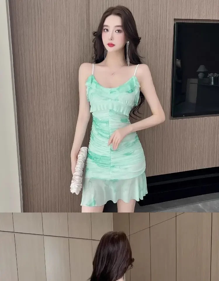 Summer French Pure Sexy Mesh Printed Suspender Dress Waist Pleated Bag