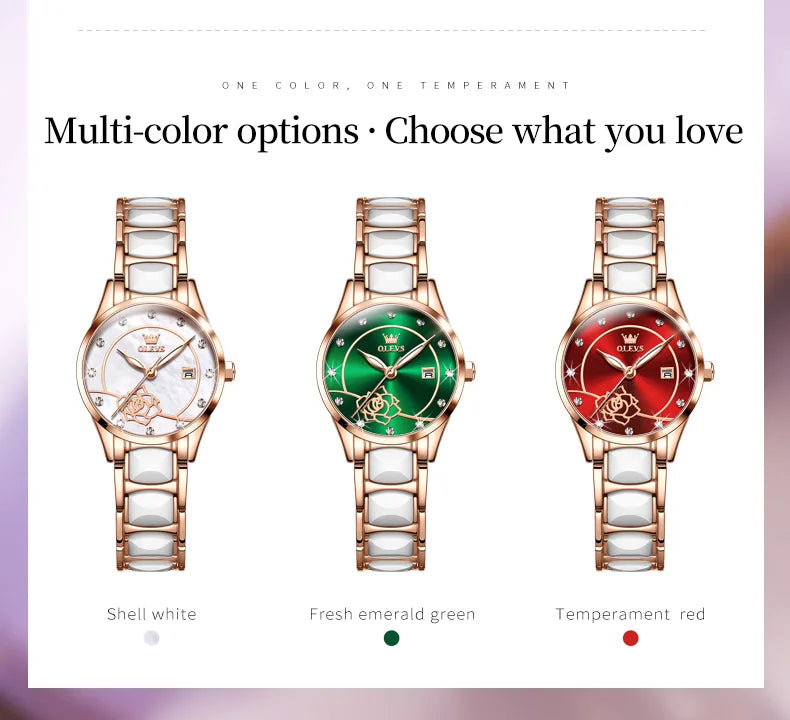 OLEVS 3606 Luxury Women Watch Camellia Quartz Japan Movement 30M Waterproof Watch For Women Ceramics Women Mechanical Watch