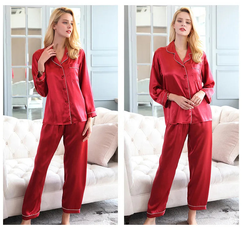 100% Mulberry Silk Pajamas Women Summer Winter Spring Long-sleeved Two-piece Couple Home Service Silk Pajamas For Lady