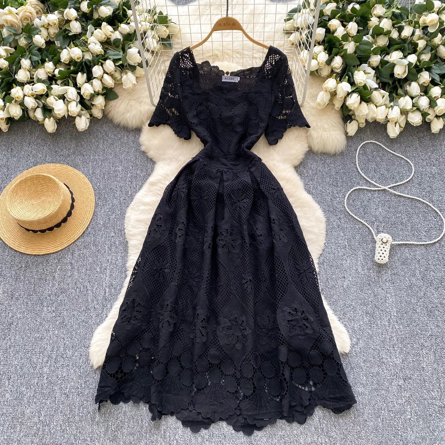 France Elegant Fashion Slim Evening Dress Women Hollow Out Lace Crochet Party Dress Female Casual Chic High End Clothing New