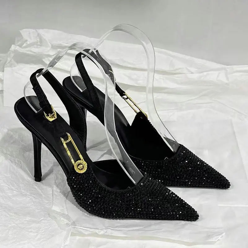 2025 Pointed-Toe Diamond High Heels For Women, Black Tight French Sexy Luxury Hollow Sandals