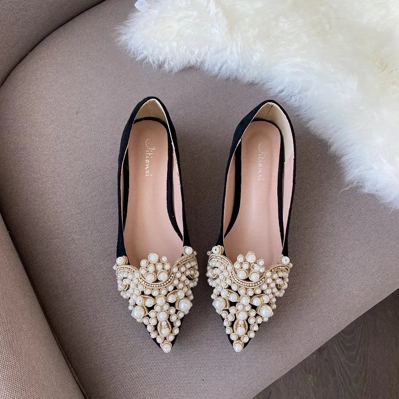 2024 Trend Pearl Ballet Flats Women Pumps Floors Shoes Without Heels Loafers Female Dress Moccasins Ladies Luxury Autumn Zapatos