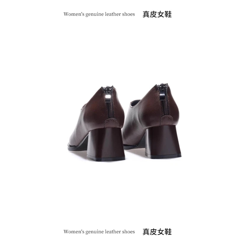 Deep mouth single shoe women's thick heel genuine leather middle heel women's soft leather soft sole square toe leather shoes
