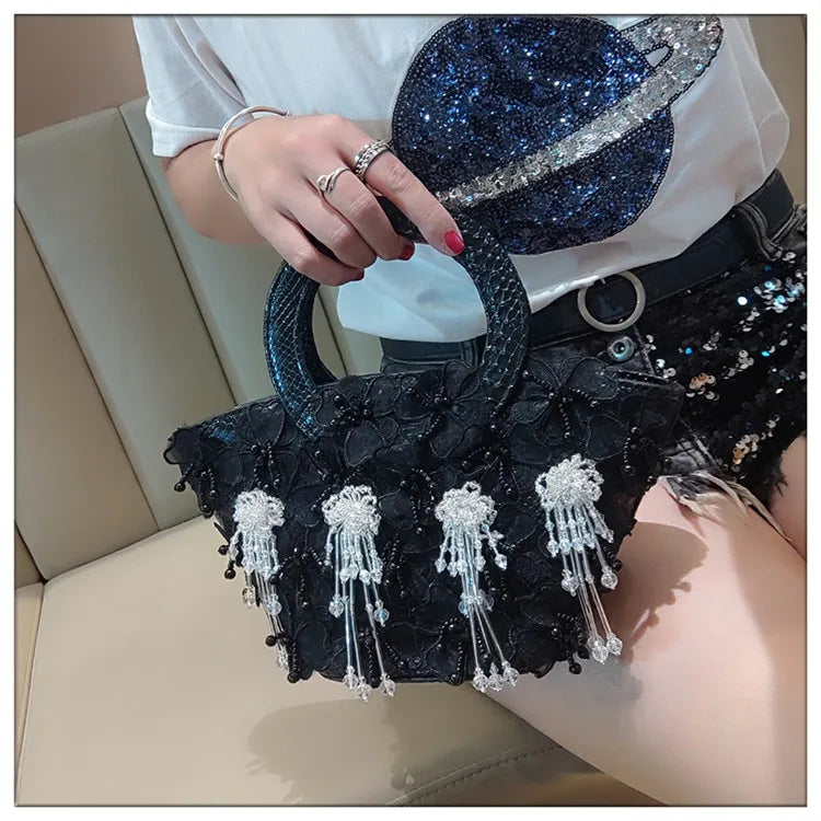 Tassel Flower Ita Bag Women New Shoulder Crossbody Sac A Main Lace Women's Bag Bucket Female Leather Handbag