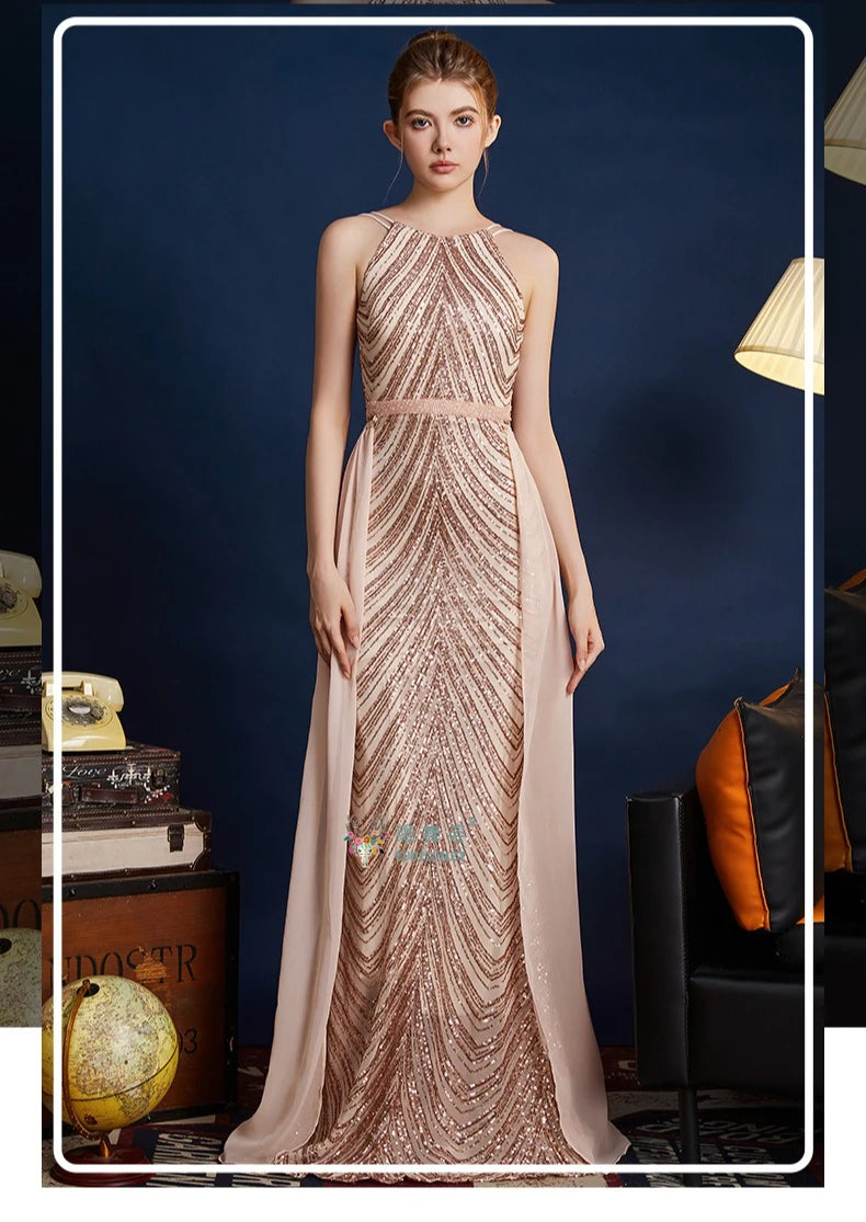 Chic High Sleeveless Sexy Backless Beading Sequined Mermaid Formal Evening Dresses Birthday Party Prom Gowns Elegant Luxury