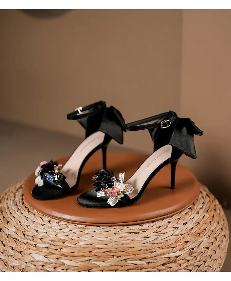 Summer Fashion Shoes Woman Pumps Open Toe Satin Flower Bow Buckle High Heels Ladies Sandals Women's Dress Wedding Party Shoes
