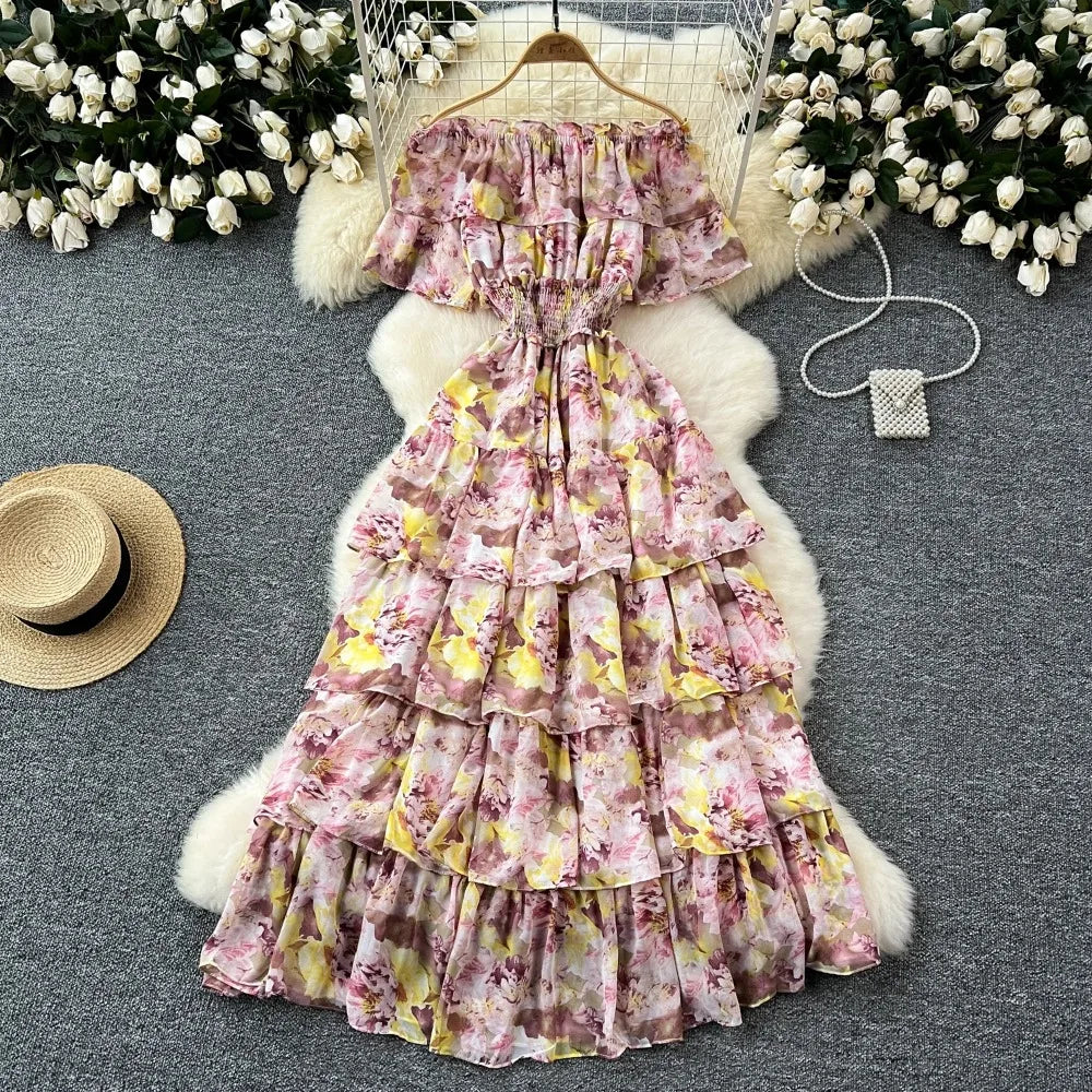 French Vintage Off Shoulder Short Sleeve Ruffle Tiered Long Dresses Chic Casual Beach Vacation Women Summer Chiffon Clothing