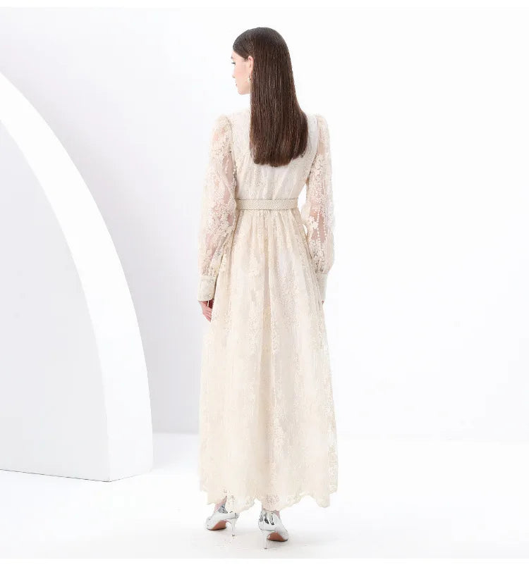 Luxury High-end Women Clothing Dress Spring Fitted Waist Embroidery V-neck Bell Sleeves Long Sleeves Single-breasted Long Dress