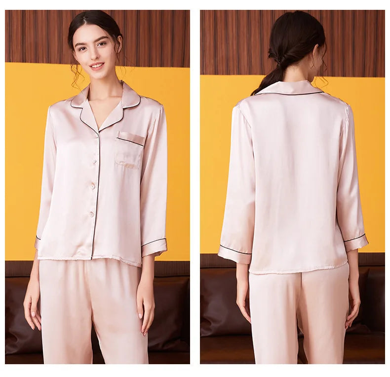 100% Mulberry Silk Pajamas Women Summer Winter Spring Long-sleeved Two-piece Couple Home Service Silk Pajamas For Lady