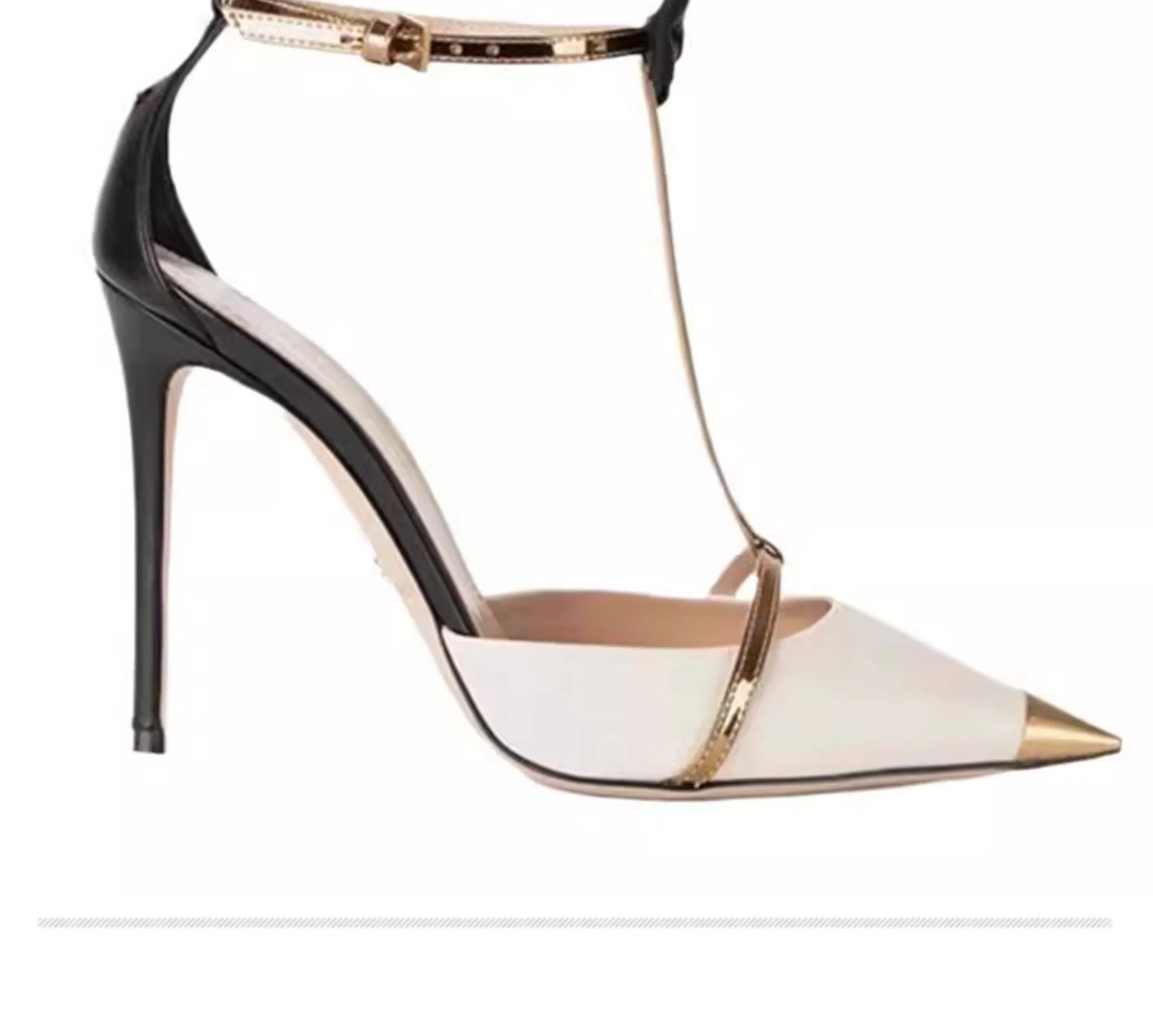 High heeled women's 2025 new hollow pointed color blocked niche butterfly bow metal toe cap straight strap thin heel sandals