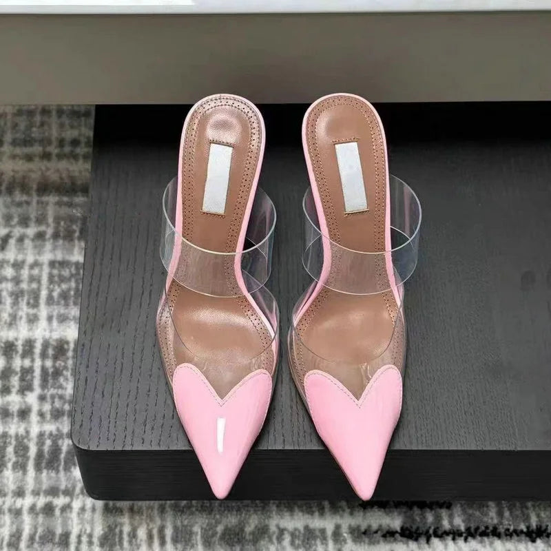 2025 Colorful Heart-Shaped Transparent Sexy Patchwork Color Sandals Women'S Half-Toe Pointed Toe Slippers 6cm/8cm/10cm