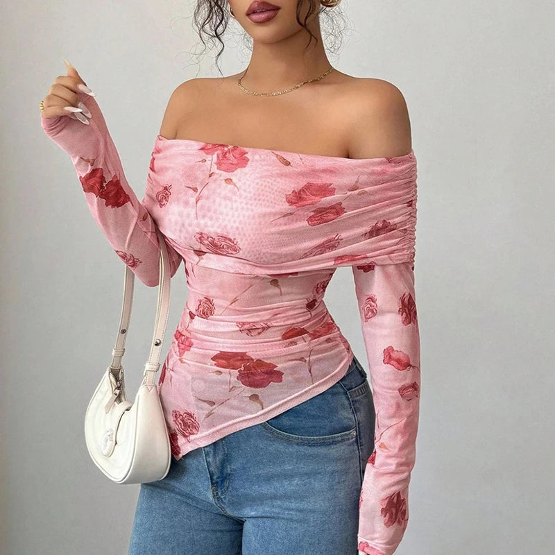 Sexy Irregular Off Shoulder Printed Long Sleeve T-Shirt Women Elegant Slim Fit T Shirts For Women Fashion Tops Tee