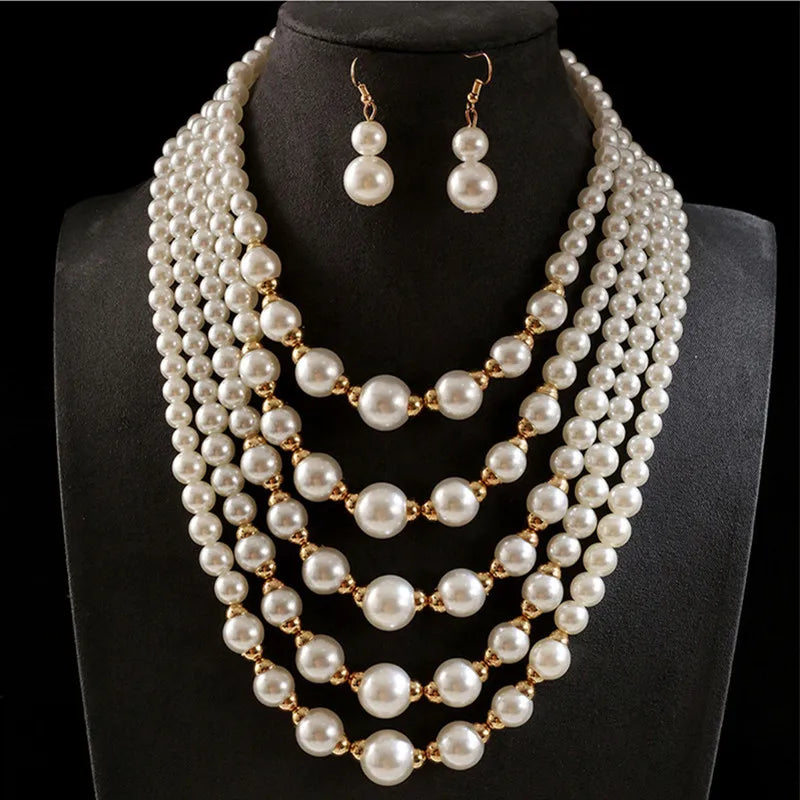 Kymyad Jewelry Sets Simulated Pearl Beads Multilayer Necklace Earrings Set For Women Bijoux Statement Collar Necklace Set
