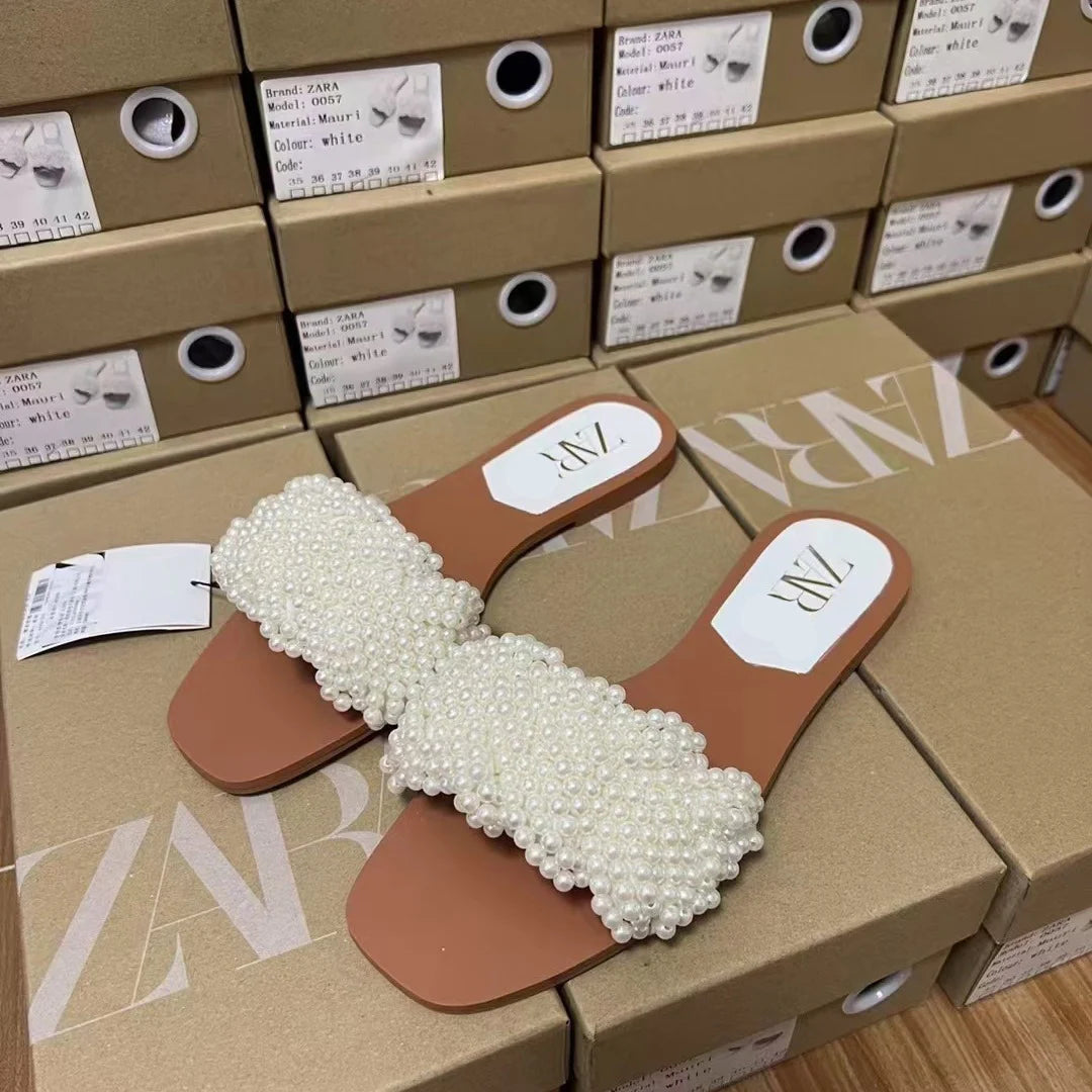 2025 Summer New Product Women's Shoes White Pearl Weaving Flat Sandals Outerwear Fashion Cool Slippers Pearl Bag Shoe Bag Set