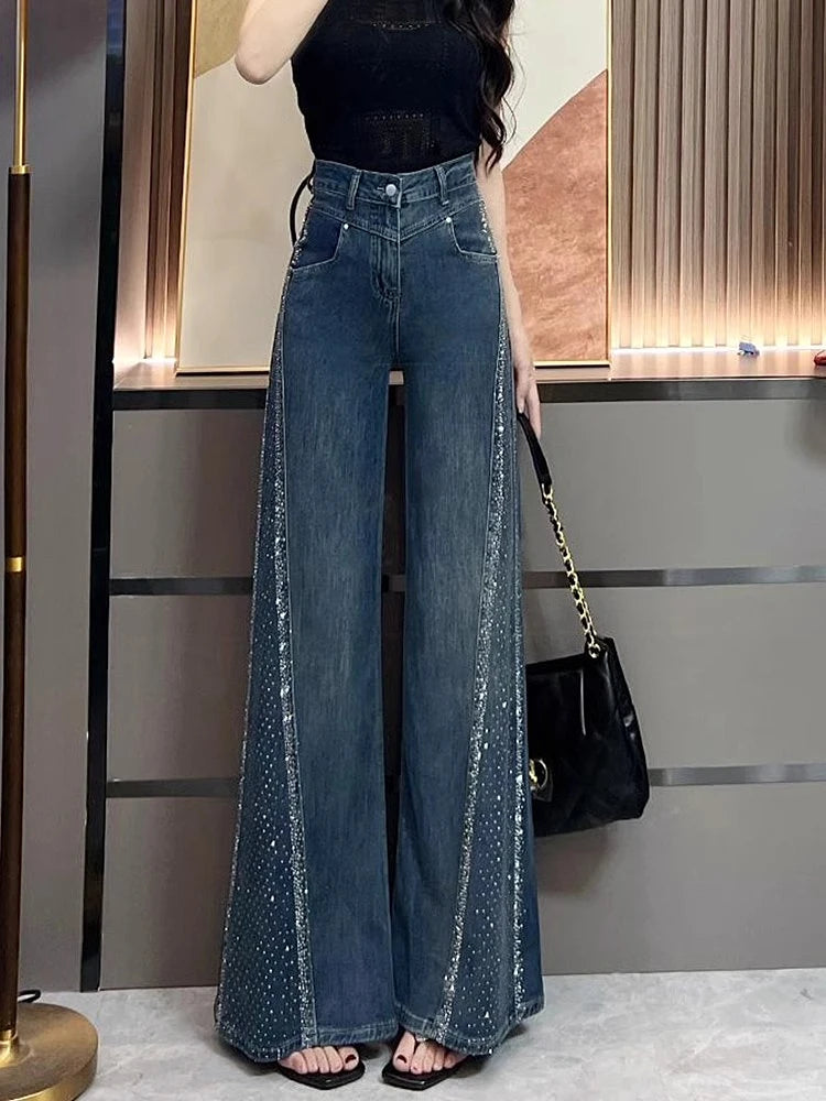 Hot Diamond Jeans For Women Fashion Hot Girls High Waisted Loose Flared Pants Autumn Retro Casual Commuting Wide Leg Trousers