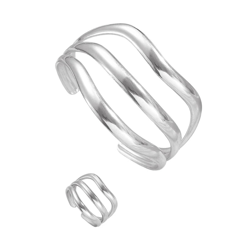 Stainless Steel Multi-Layer Wave Open Bracelet Rings Set for Women Simple Metal Twisted Lines Hand Chain Fashion Banquet Jewelry
