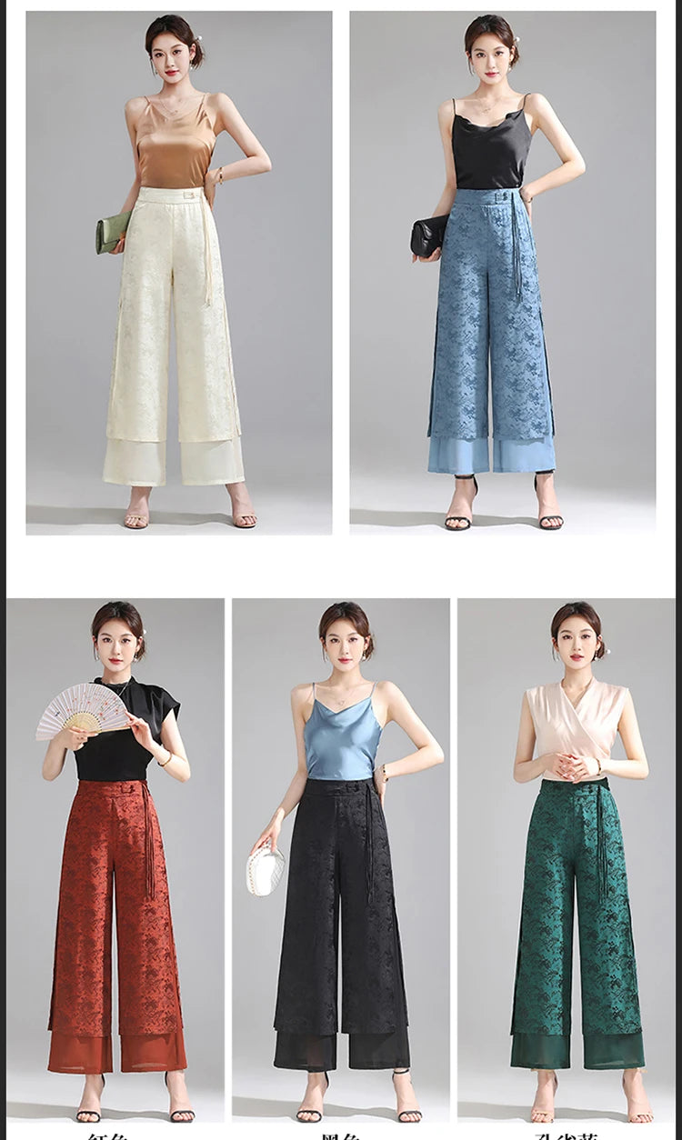 Chiffon Wide Wide Trousers Female Elegant Vintage New Pants Summer Thin Split Loose Skirt Pants Women Black Green