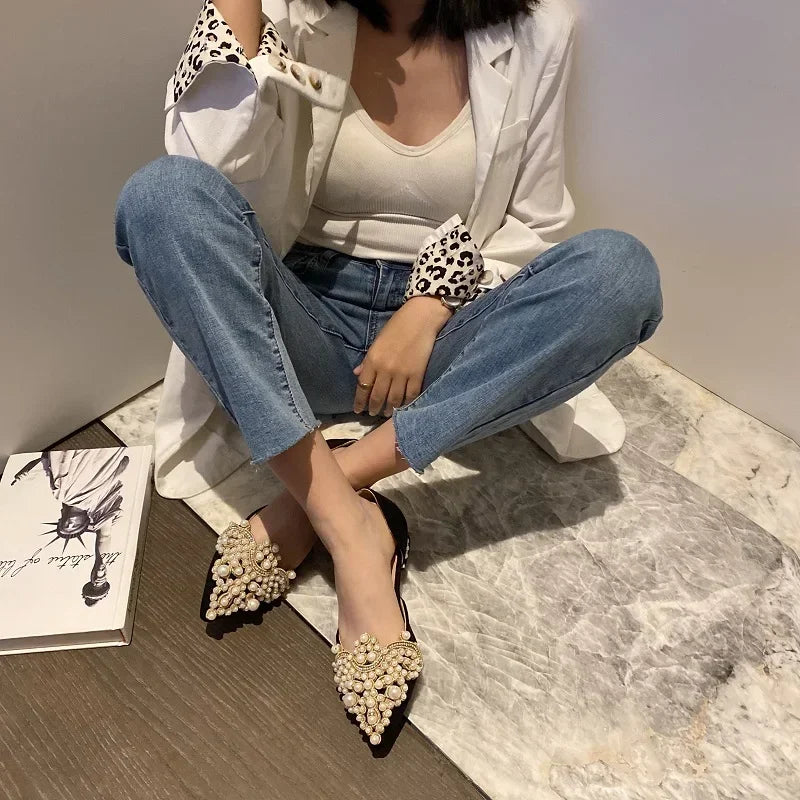 2024 Trend Pearl Ballet Flats Women Pumps Floors Shoes Without Heels Loafers Female Dress Moccasins Ladies Luxury Autumn Zapatos