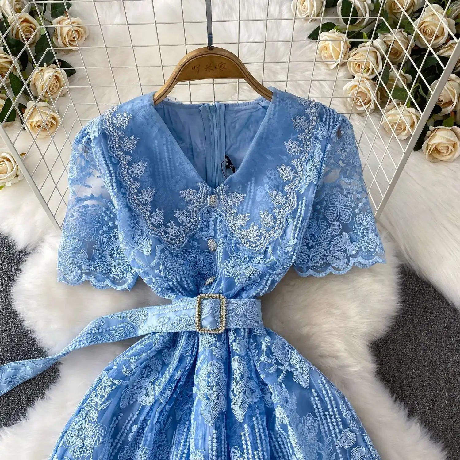 Luxury Formal Evening Lace Dress Women Summer Short Sleeve Crochet Embroidery Prom Long Dresses Runway Party Vestidos