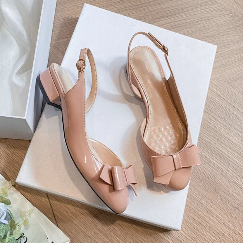 French-Style Bow Head-Toe Sandals For Women 2025 Summer New Style Chunky Heel Patent Leather High Heel Mid-Heel Sandals