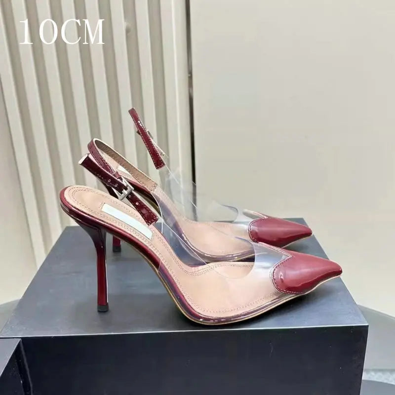 2025 New Pointy Peach Heart Fine Heel Shoes Sexy Pvc Transparent Film Black Patent Leather High Heel Overhead Sandals