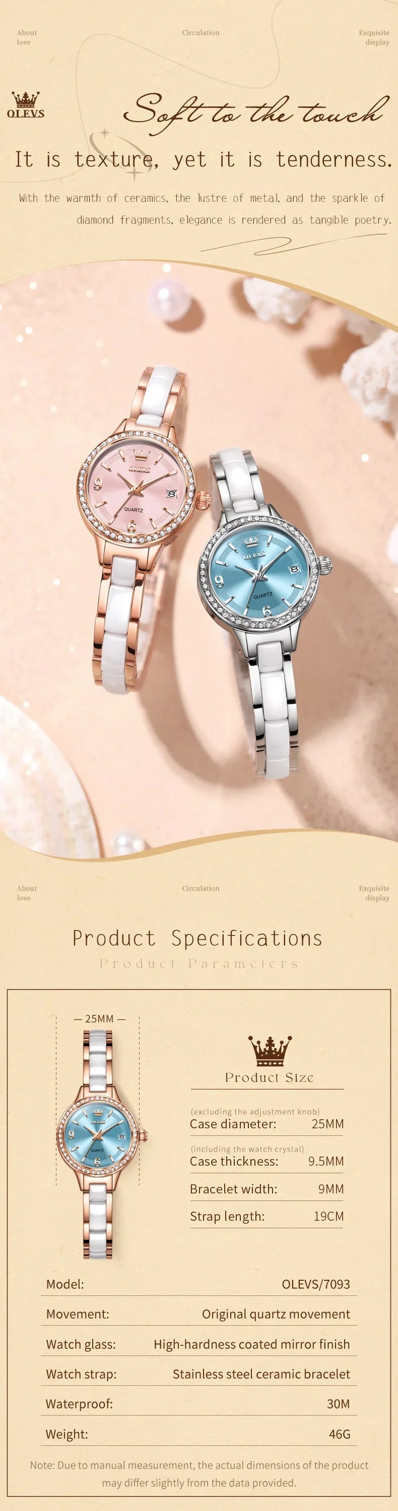 OLEVS Luxury Quartz Watch Women Elegant Ceramics Strap Waterproof Auto Date Luxury Lap Ladies Watches 7093