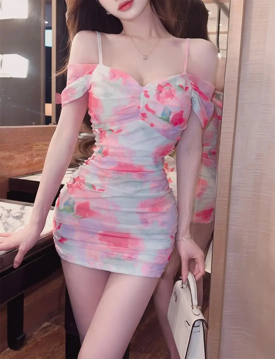 Pure Desire Off Shoulder Printed Bodycon Dress  Stretch Mesh French Niche Design