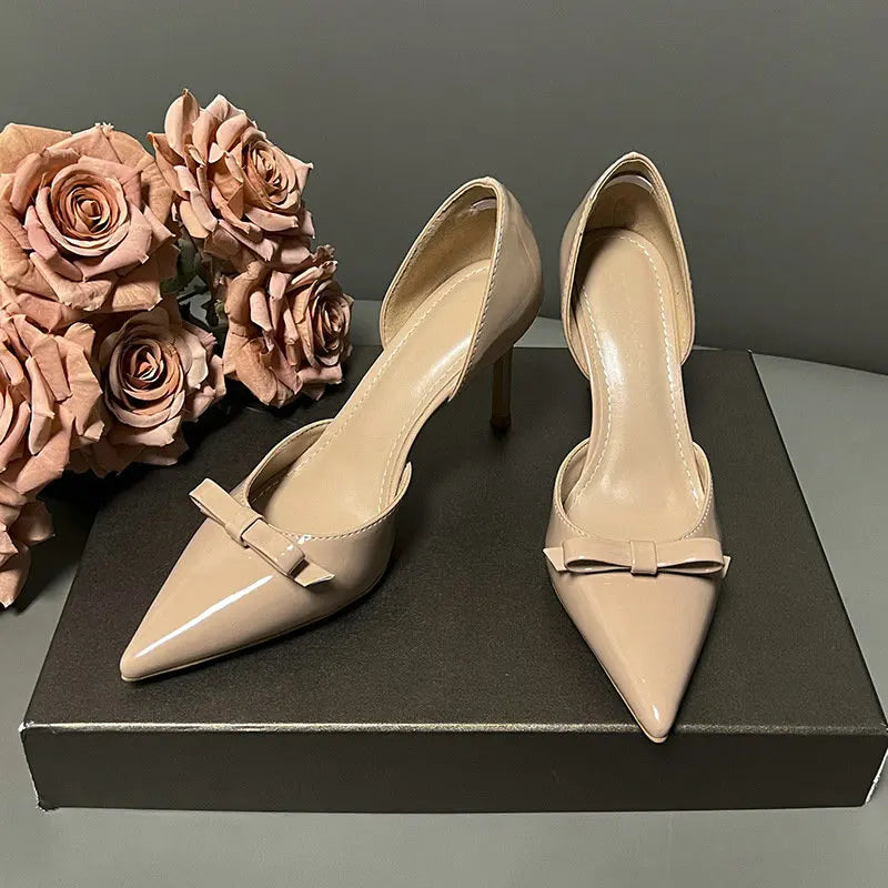 New Autumn Patent Leather Nude High Heels Thin Heel Pointed Bow Korean Version Summer Senior Feeling Hollow Female Pumps