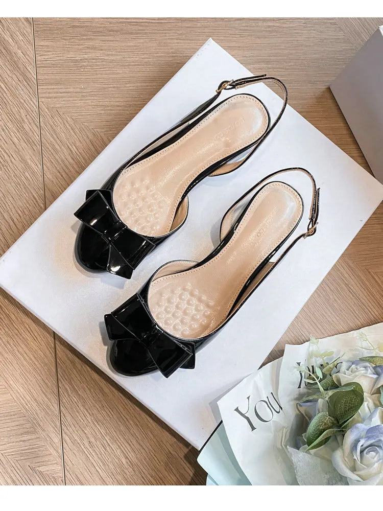 French-Style Bow Head-Toe Sandals For Women 2025 Summer New Style Chunky Heel Patent Leather High Heel Mid-Heel Sandals
