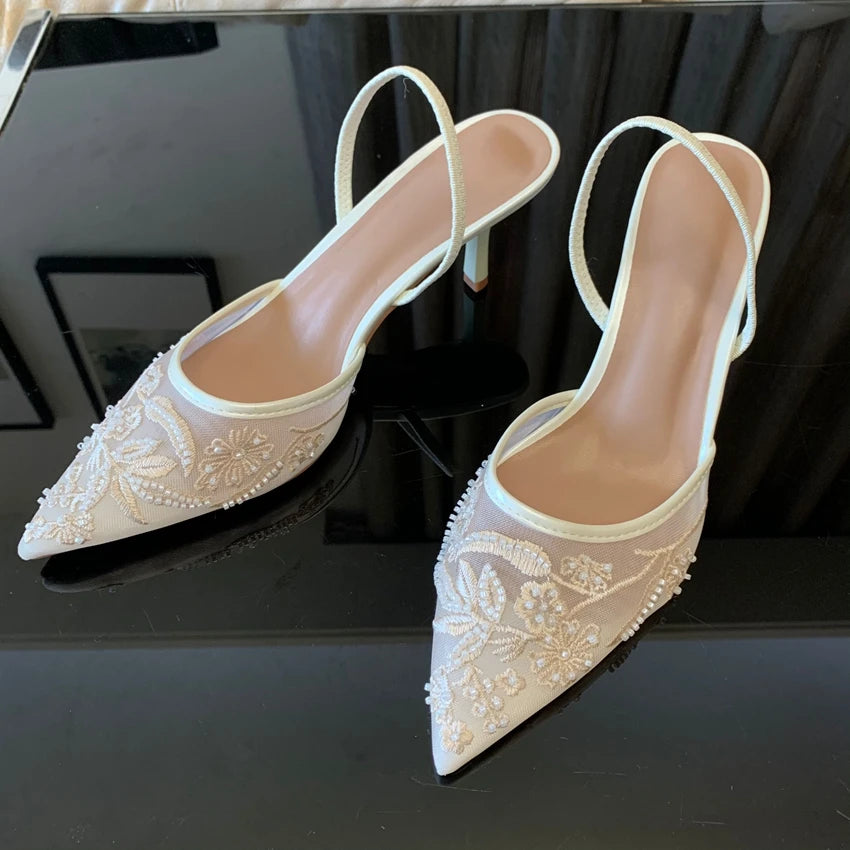 Brand Designer White Women Pumps Mesh Embroidered Flowers Back Strap Sexy Slingback High Heels Dress Wedding Shoes for Ladies