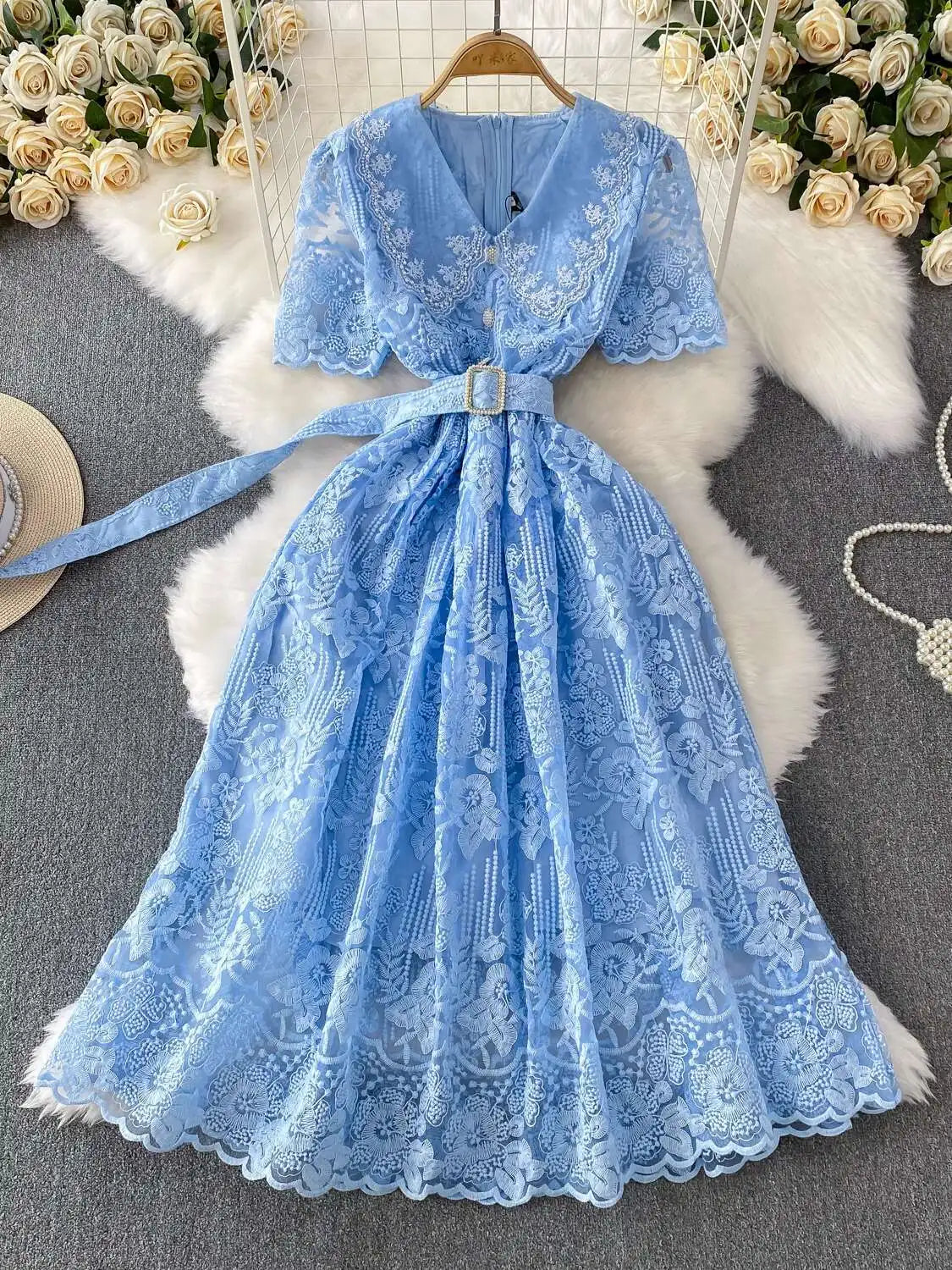 Luxury Formal Evening Lace Dress Women Summer Short Sleeve Crochet Embroidery Prom Long Dresses Runway Party Vestidos