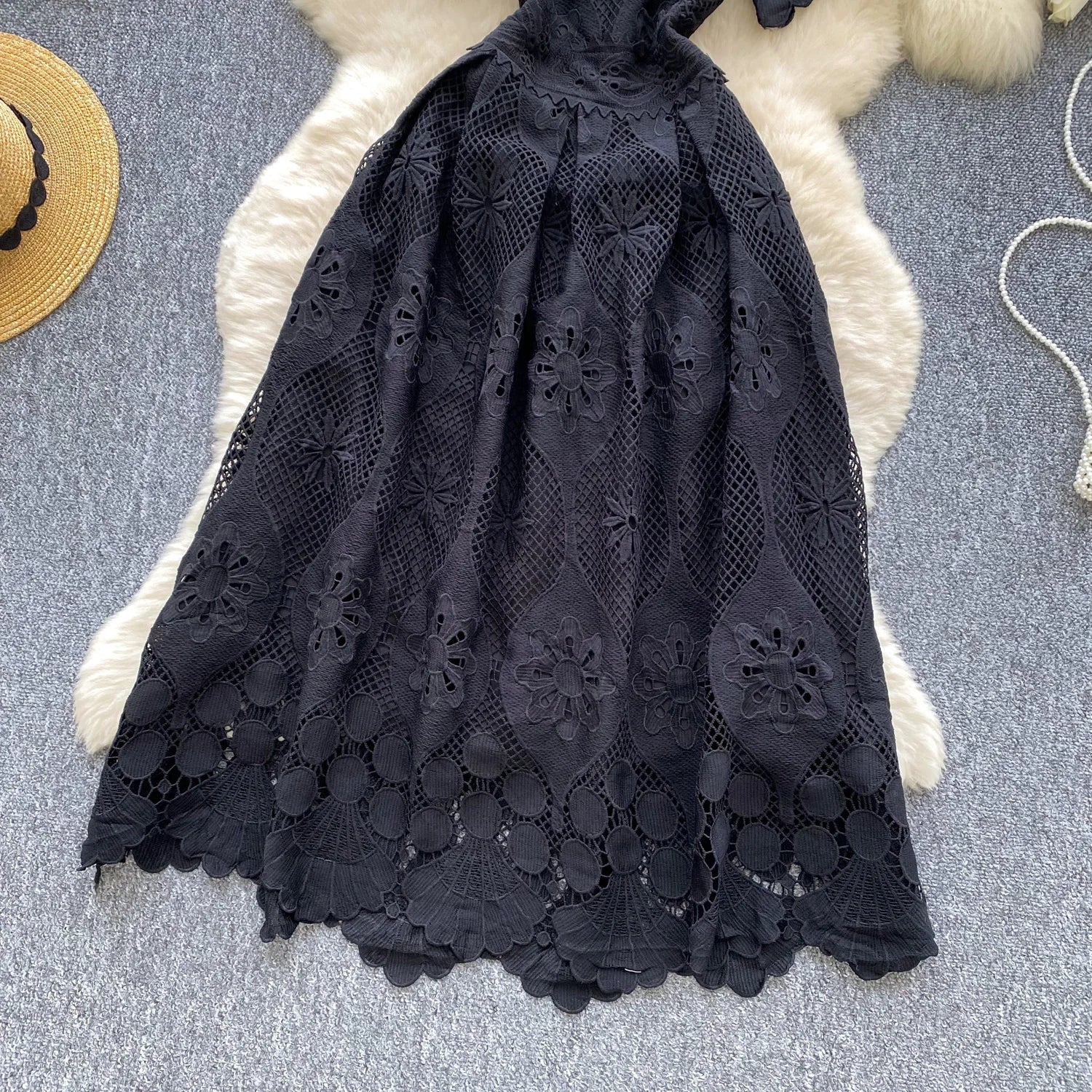 France Elegant Fashion Slim Evening Dress Women Hollow Out Lace Crochet Party Dress Female Casual Chic High End Clothing New