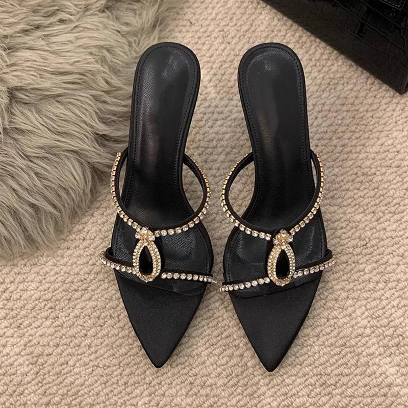 Luxury Rhinestones Gem Women Slippers Sandals Elegant Pointed toe Stiletto High heels Mules Slides Fashion Summer Party Shoes