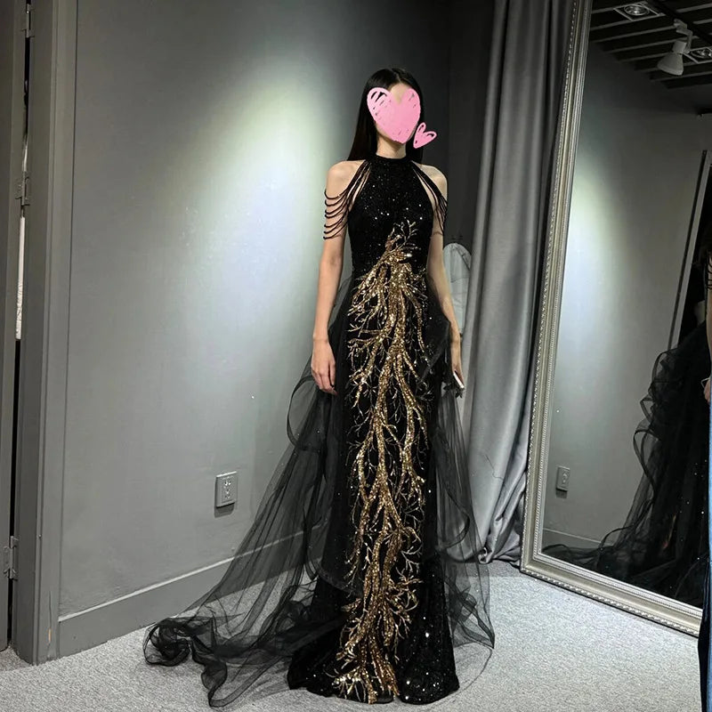 Black Sequined Evening Dress, High-end Light Luxury Hanging Neck Dress, High-end Feeling, Annual Meeting Art Exam for Women
