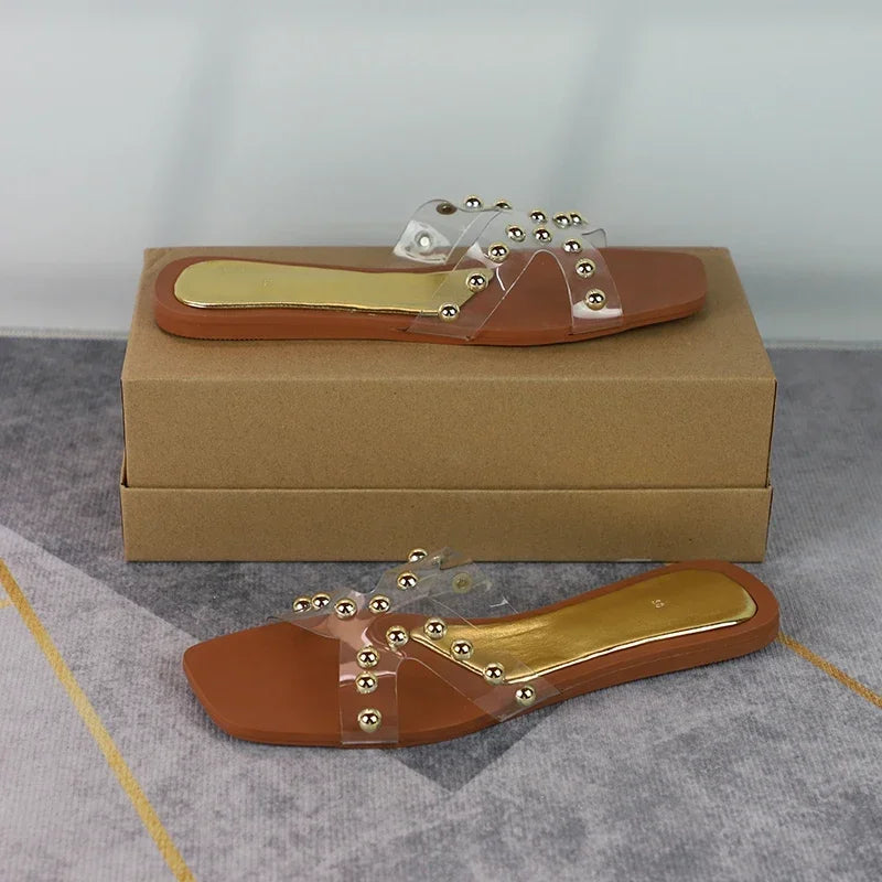 2025 New Arrival Women's Slip-On Flat Sandals Outdoor Cross Design Transparent PVC Non-Slip Beach Shoes Plus Size Slippers